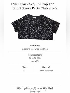 EVNL Black Sequin Crop Top Short Sleeve Party Club Size S